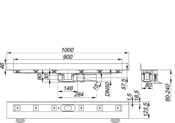 Duschrinne Dallmer CeraLine Plan W Montage an der Wand (Ablauf 0,7 l/s) Einbaum.1000 mm / 900 mm Rost. Bauhöhe 90mm.