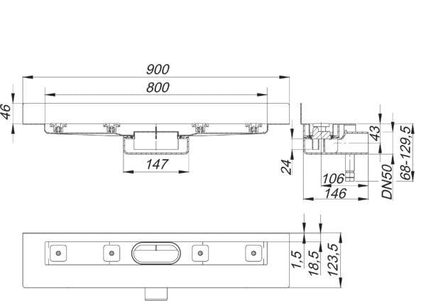 Duschrinne Dallmer CeraLine Nano W Montage an der Wand (Ablauf 0,46 l/s) Einbaum.900 mm / 800 mm Rost. Bauhöhe 68mm.