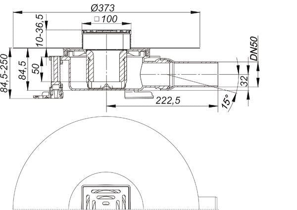 Bodenablauf Dallmer DallDrain Select DN 50 seitl., Edelstahlrost 100 x 100 mm. Bauhöhe 85-250mm.