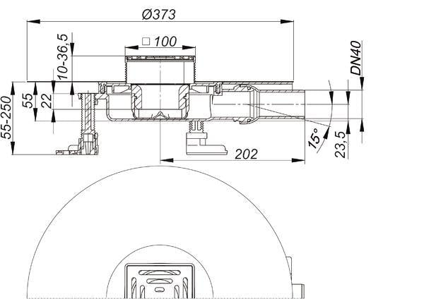 Bodenablauf Dallmer DallDrain SelectPlan DN 40 seitl., Edelstahlrost 100 x 100 mm. Bauhöhe 55-250mm