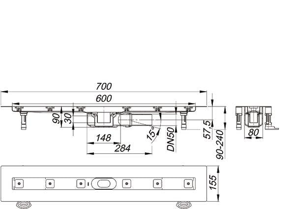 Duschrinne Dallmer CeraLine Plan F Montage in der Fläche (Ablauf 0,7 l/s) Einbaum.700 mm / 600 mm Rost. Bauhöhe 90mm
