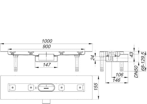 Duschrinne Dallmer CeraLine Nano F Montage in der Fläche (Ablauf 0,46 l/s) Einbaum.1000 mm / 900 mm Rost. Bauhöhe 68mm.