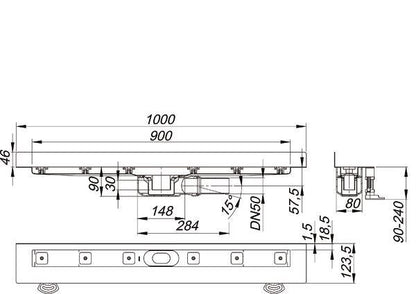 Duschrinne Dallmer CeraLine Plan W Montage an der Wand (Ablauf 0,7 l/s) Einbaum.1000 mm / 900 mm Rost. Bauhöhe 90mm.