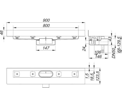 Duschrinne Dallmer CeraLine Nano W Montage an der Wand (Ablauf 0,46 l/s) Einbaum.900 mm / 800 mm Rost. Bauhöhe 68mm.