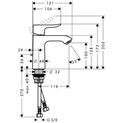 Waschtisch-Einhebelmischer Hansgrohe Metris 110 mit Excenterventil verchromt / Ausladung 116 mm
