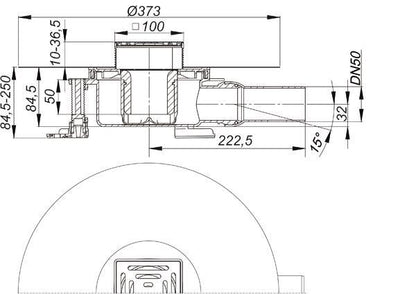 Bodenablauf Dallmer DallDrain Select DN 50 seitl., Edelstahlrost 100 x 100 mm. Bauhöhe 85-250mm.