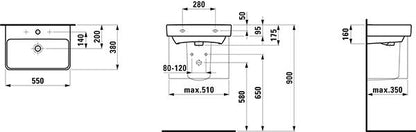 Waschtisch Laufen Pro S Compact mit Hahnloch,mit Überlauf 55 x 38 cm weiß